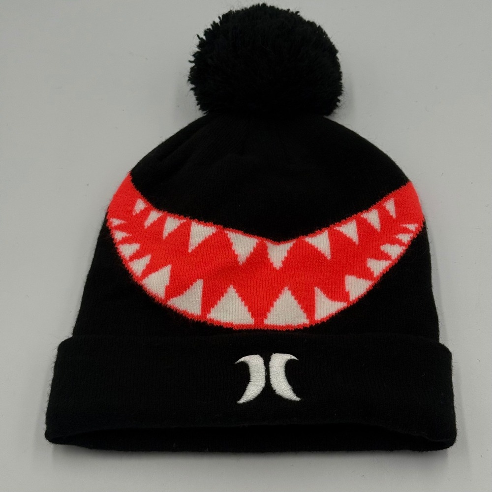 Hurley Beanie Youth Black Orange Shark Teeth Graphic Pom Pom Knit Hat 7116-023